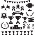 Trophy and awards icon set: laurel wreath, winning trophy cup, crown, medals, pedestal, flags, ribbons. Vector illustration